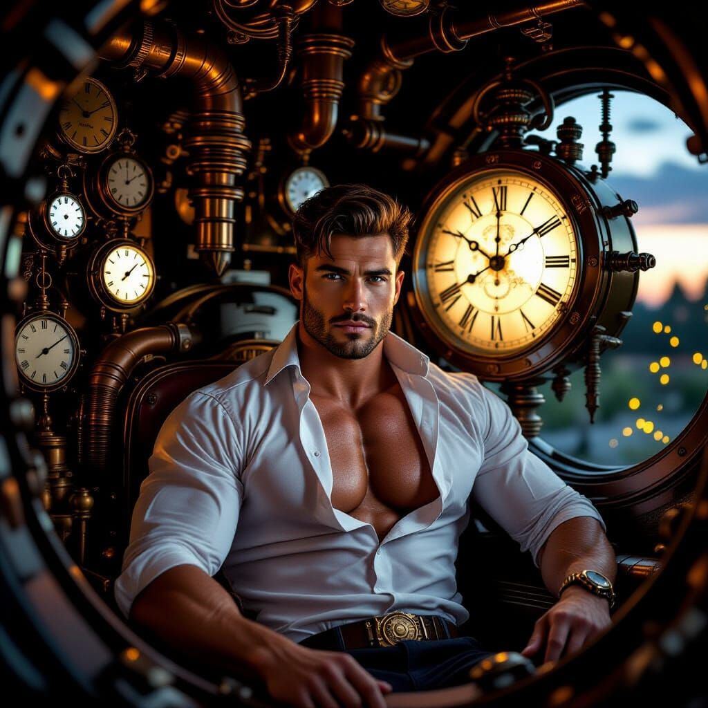 Steampunk Time Machine Pilot at Dusk