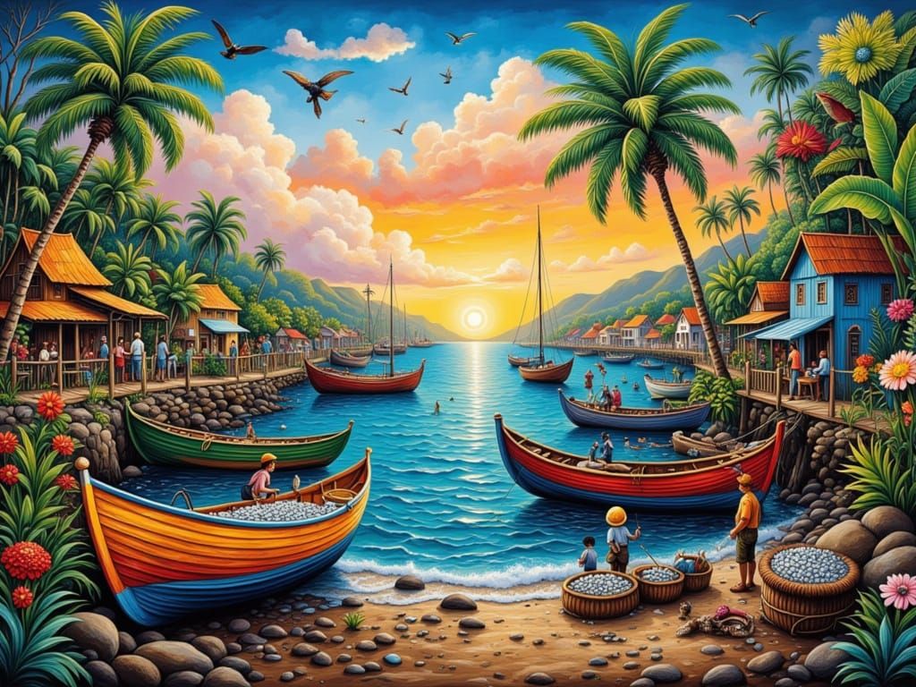 Puerto Rican Harbor at Dawn in Naive Art Style