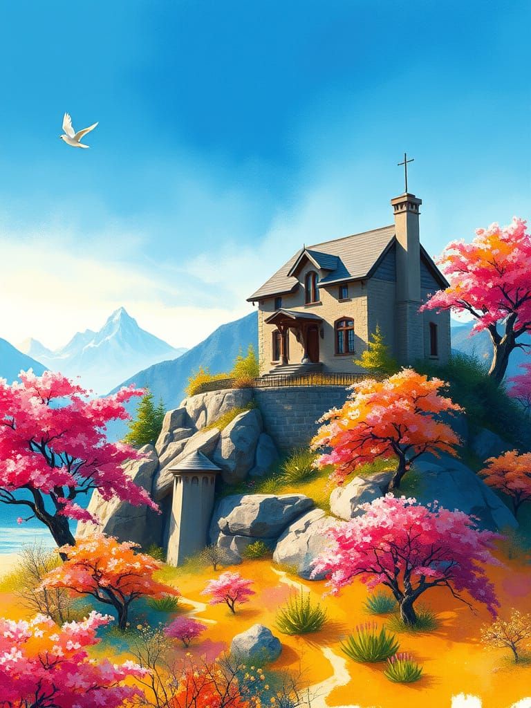 Luxury Estate Amidst Vibrant Blossoming Trees