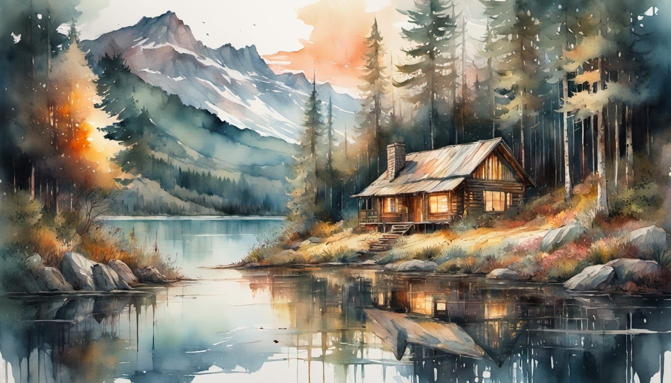 Cabin in Wild Forest as Watercolor Painting