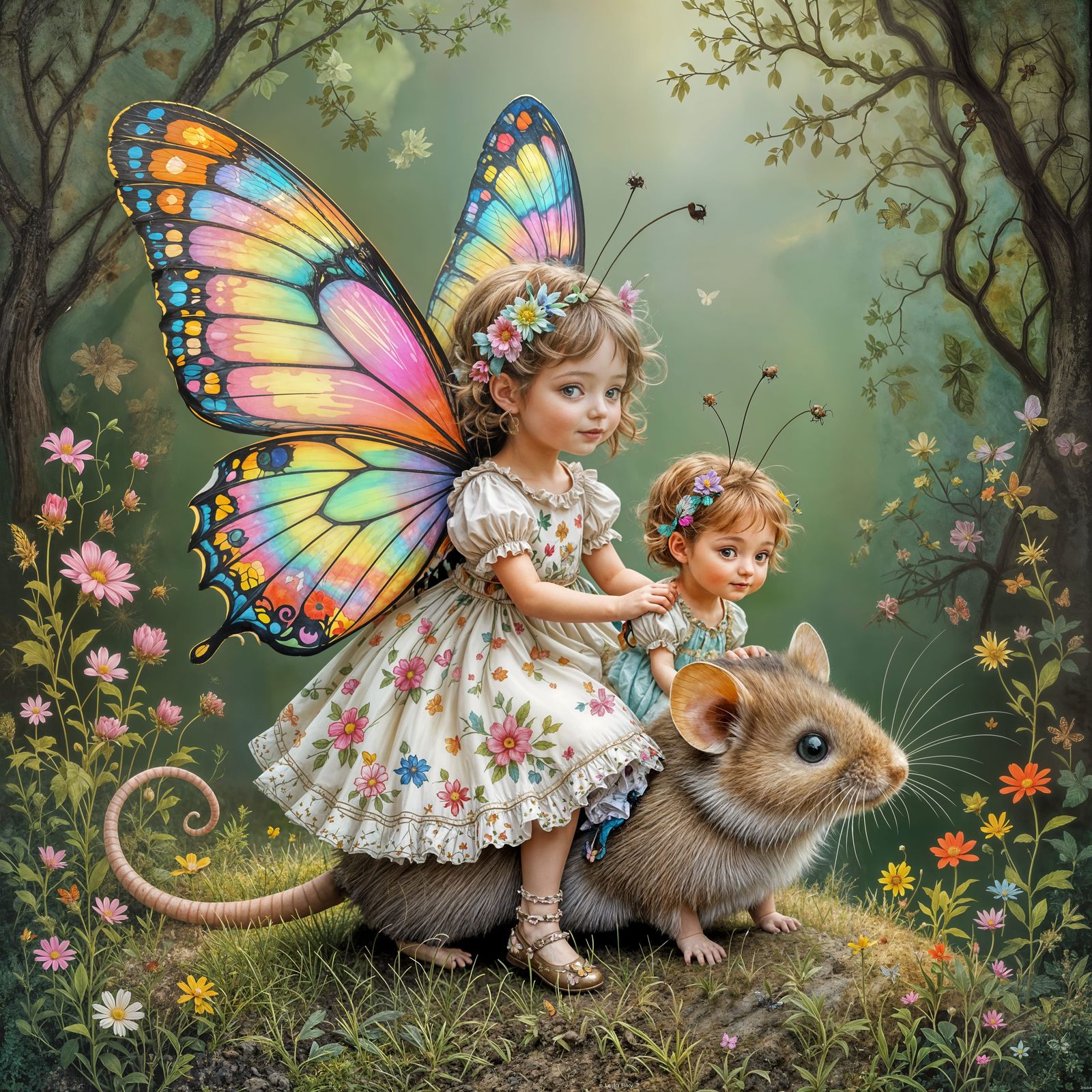 Miniature Butterfly Girls Riding a Mouse