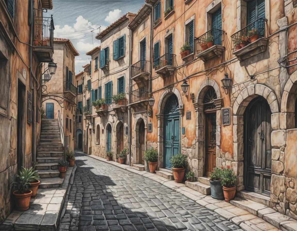 Charming Mediterranean Town Street in Colored Pencil