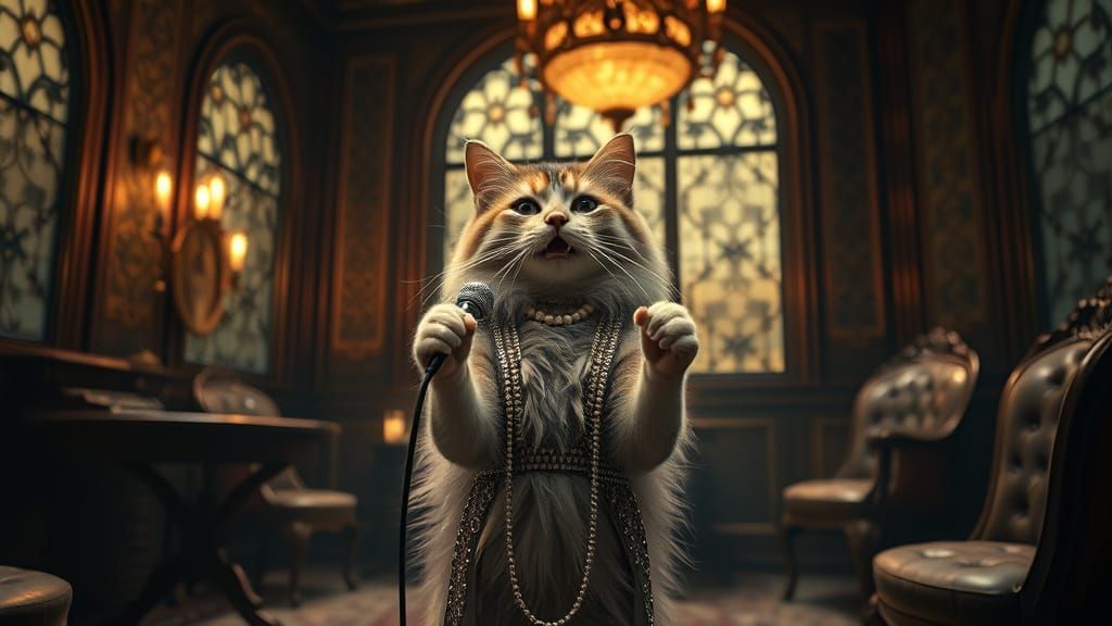 Tricolor Cat Sings Jazz in 1920s Speakeasy