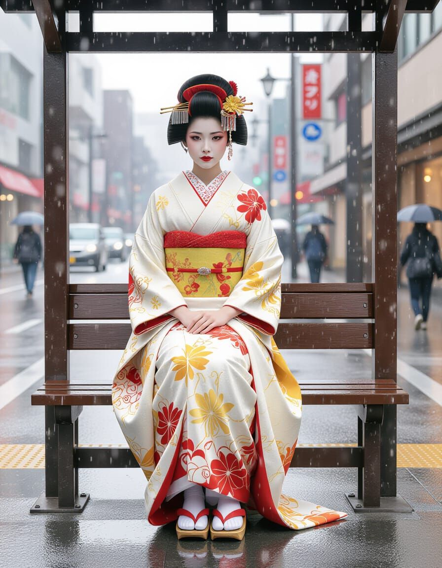 Geisha at Tokyo Bus Stop in Watercolor Style