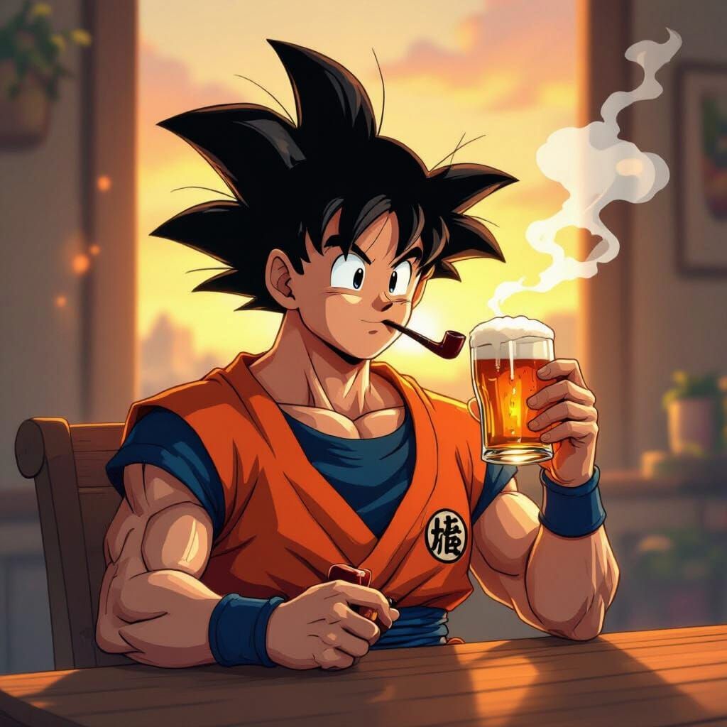Goku Relaxing with Beer and Pipe in Golden Hour Anime Style