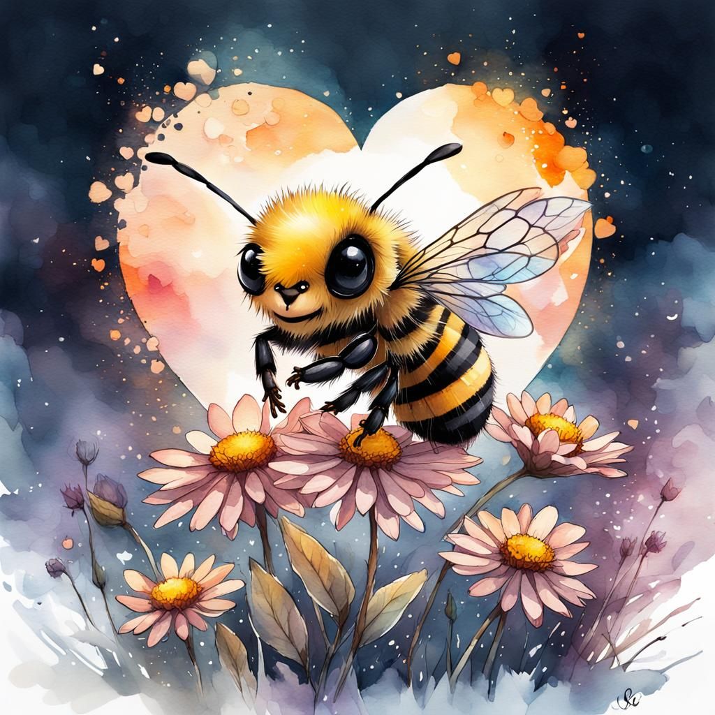 Chibi Bee with Heart in Watercolor Style