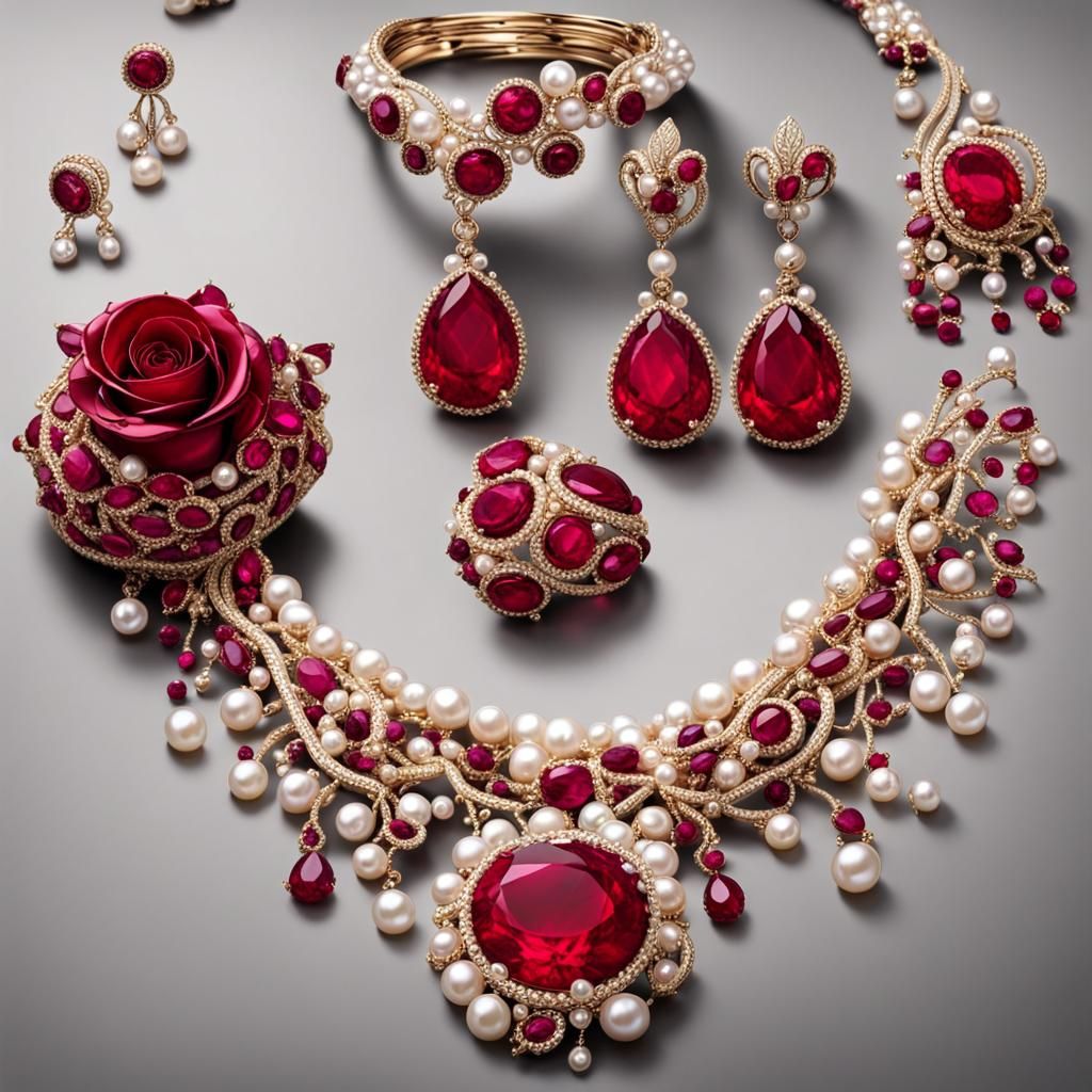 Elegant Jewelry with Red Rubies and Rose Pearls