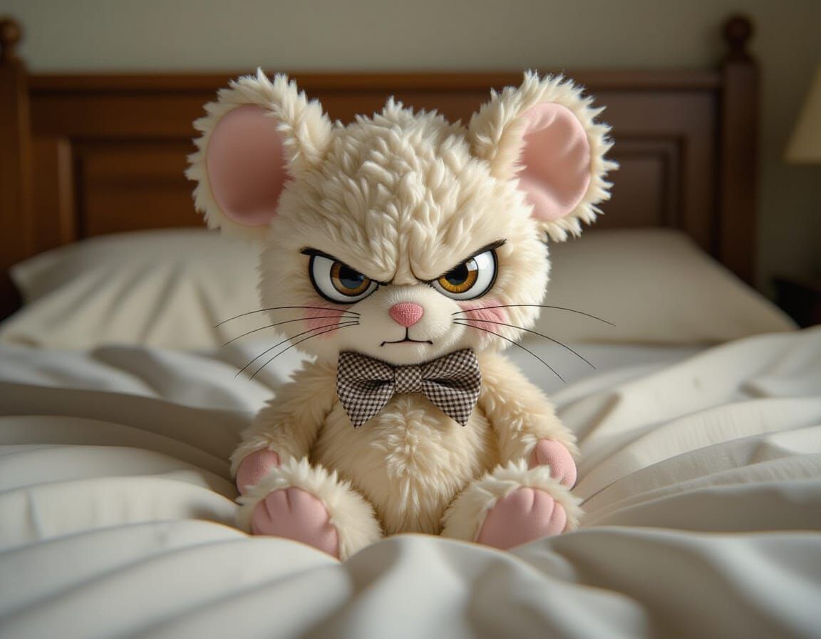 Frustrated Stuffed Mouse with Angry Eyes and Bow Tie