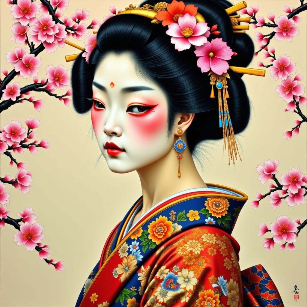 Japanese Woman in Kimono: Alphonse Mucha Style