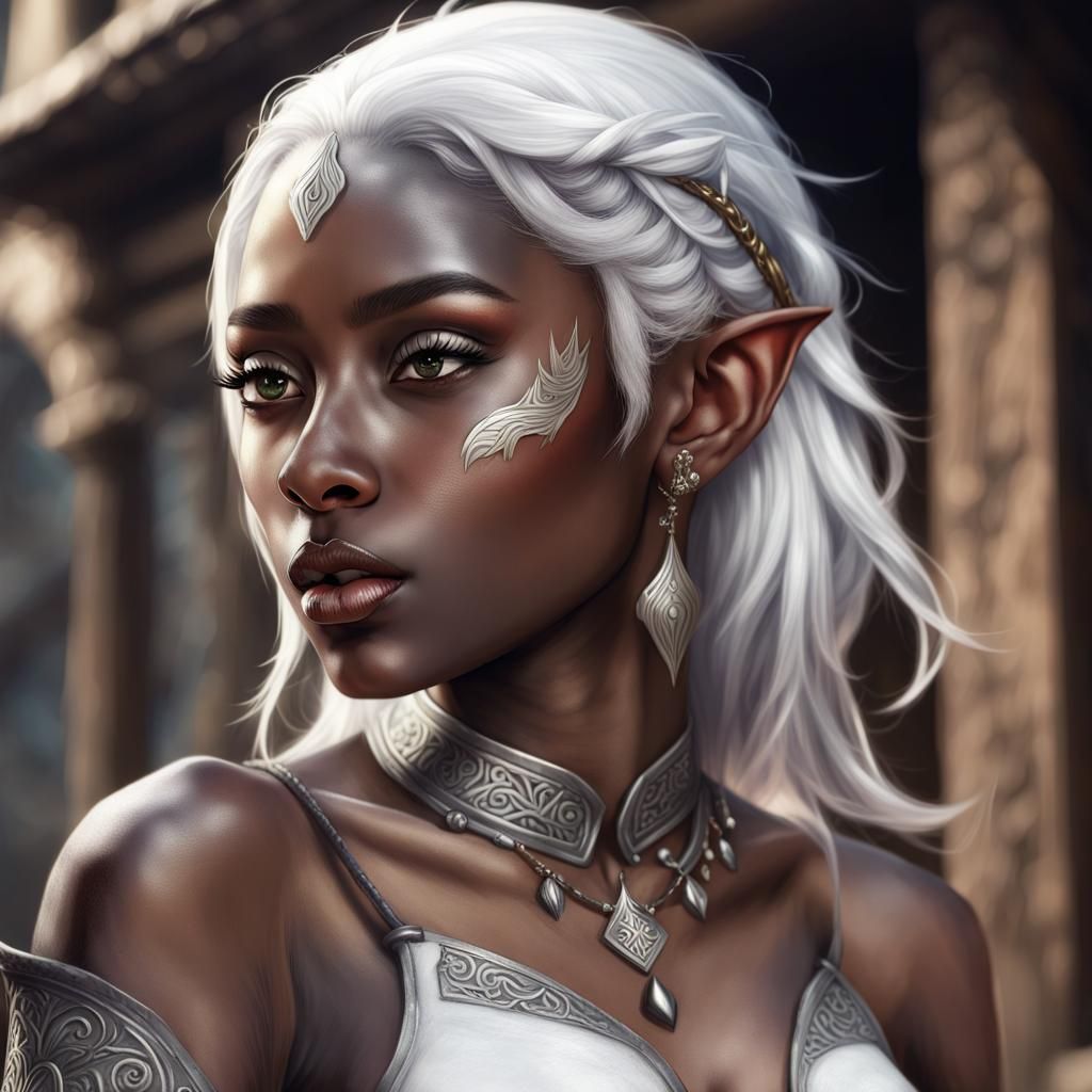 Gray-Skinned Elf Warrior with White Tattoos