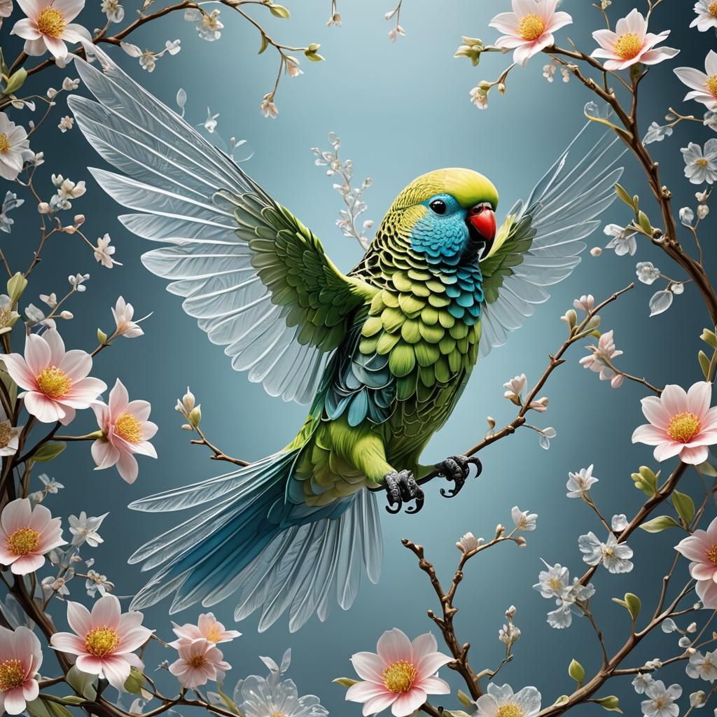 Glass Parakeet in Sky with Floral Art