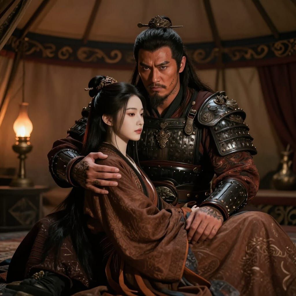 Mongol Warrior Prince Embraces Companion in Ornate Tent