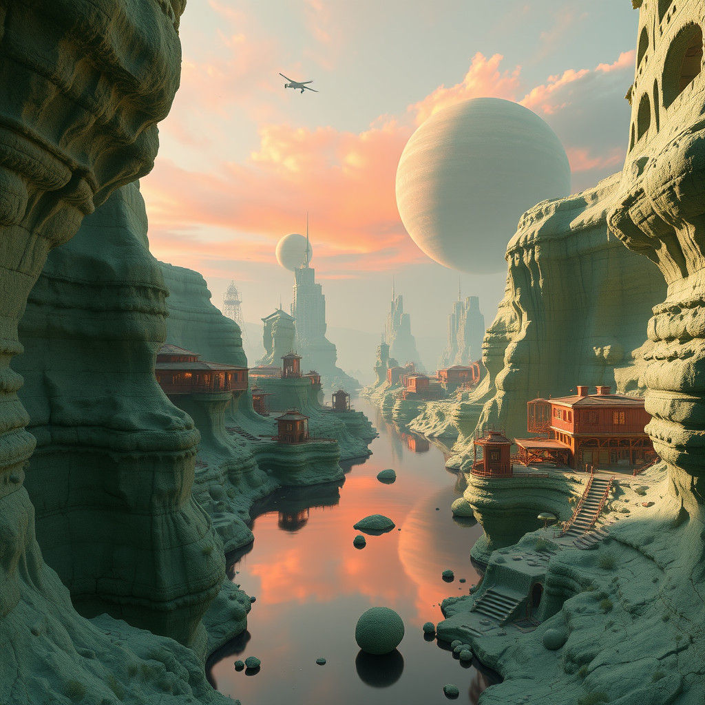 Green City in Canyon, Hyper-Detailed Rendering