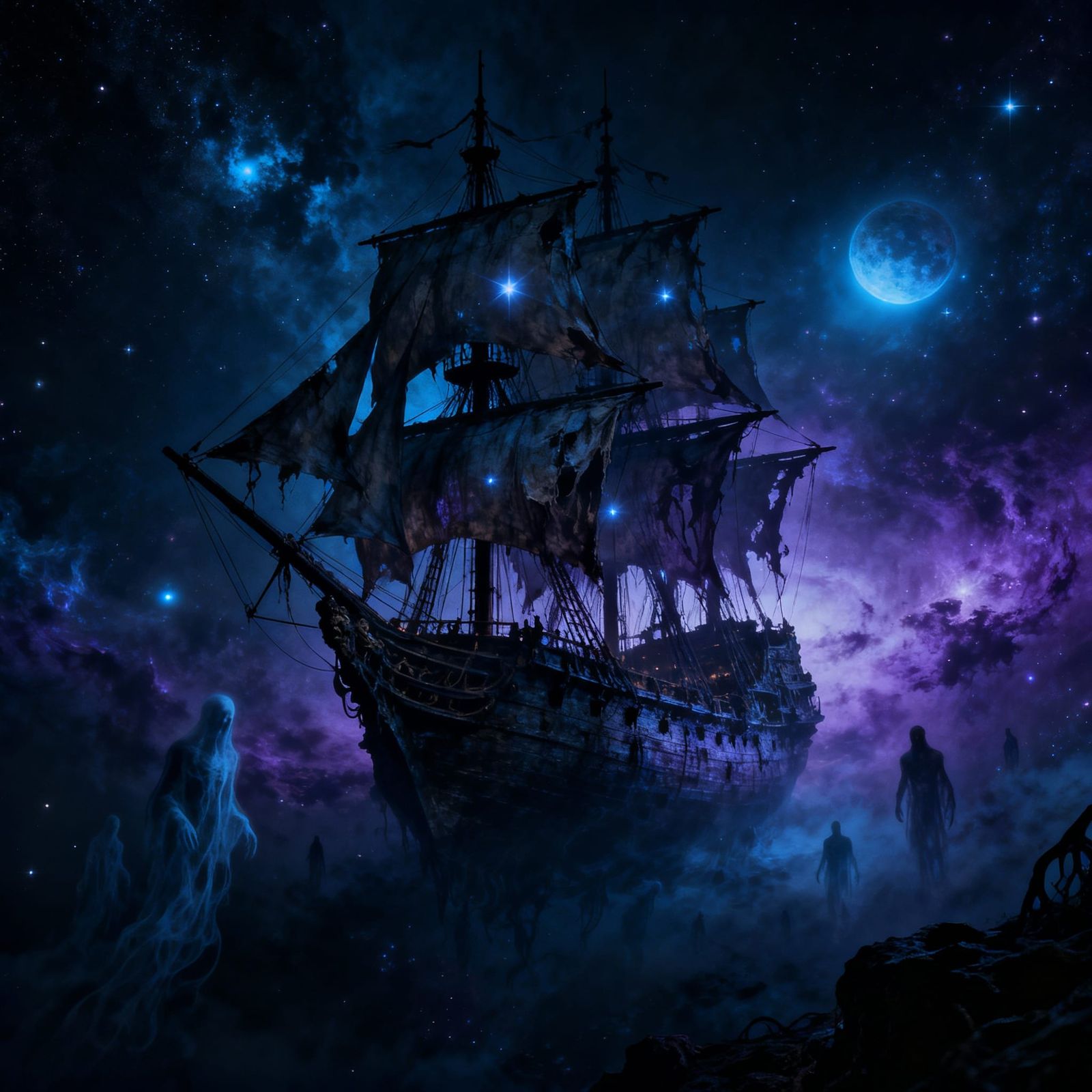 Ancient Galleon Navigates Cosmic Nebula Under Starlight