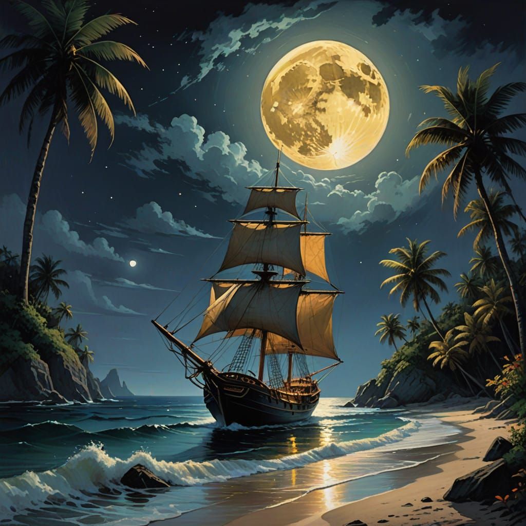 Sailboat Under Moonlit Night Sky