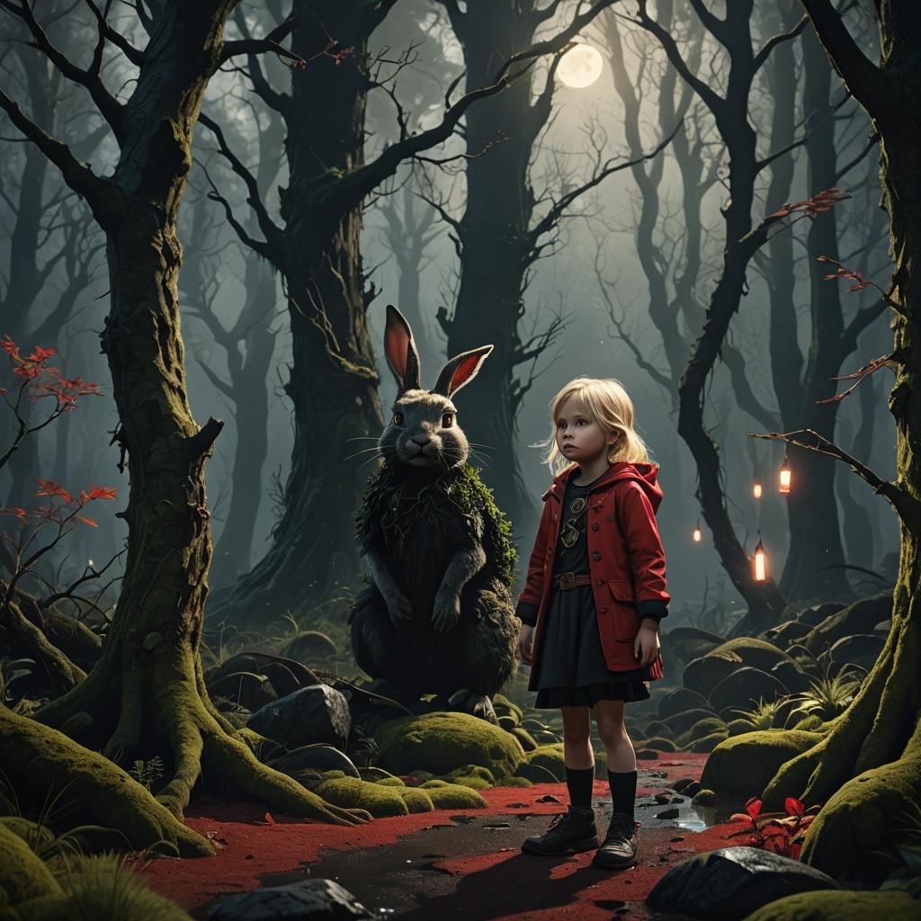 Child in Rabbit Costume in Dark Woods