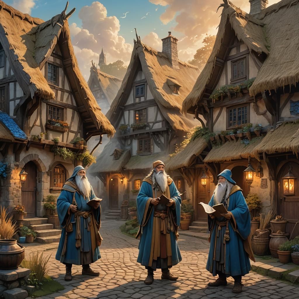 Fantasy Wizards in Village Square at Golden Hour