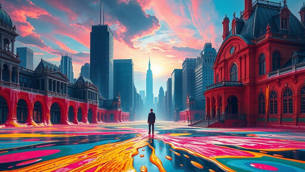 Surreal Cityscape Melts Away in Vibrant, Dreamlike Flux