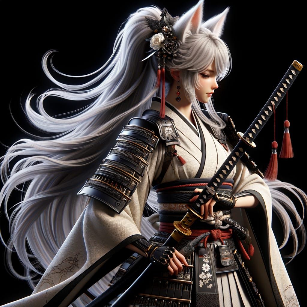 Regal Middle Eastern Samurai with Fox Ears in Photorealistic...