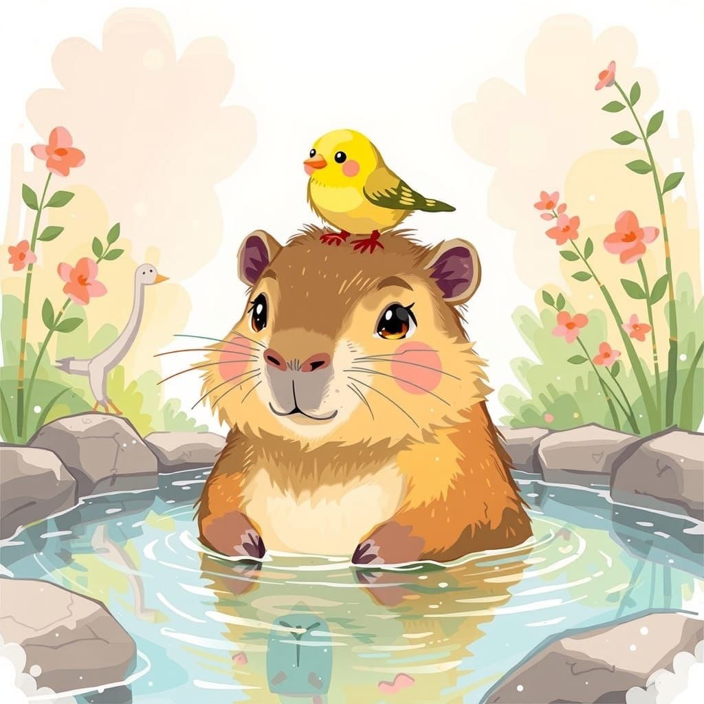 Cartoon Capybara in Hot Spring with Bird