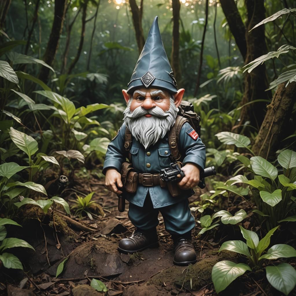 Special Forces Gnome in Jungle at Dusk