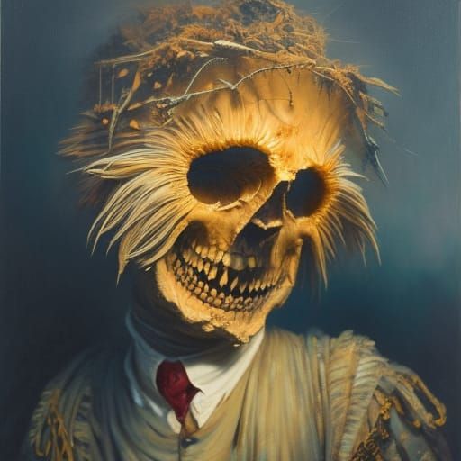 Hyperdetailed Whimsical Scarecrow Portrait in Dark Fantasy S...