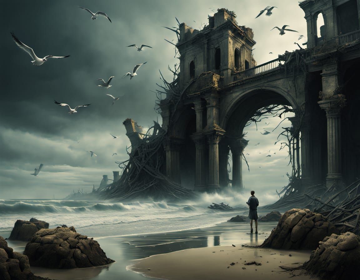 Surreal Beach Baseball Among Ruins with Mechanical Spheres