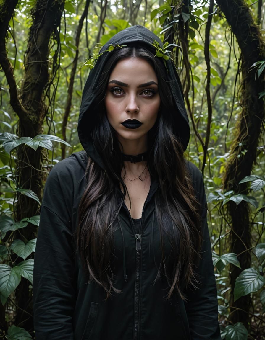 Gothic Girl with Hazel Eyes in Jungle Photo