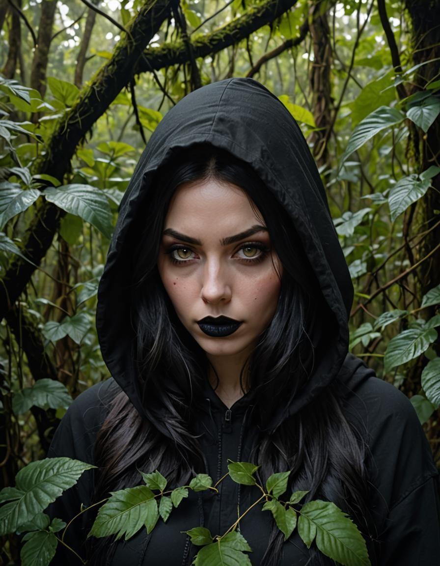Gothic Girl with Black Hair in Jungle Photo