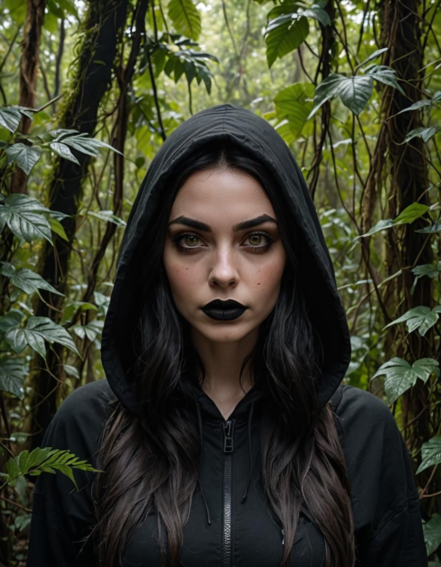 Gothic Girl with Black Hair in Jungle Photo