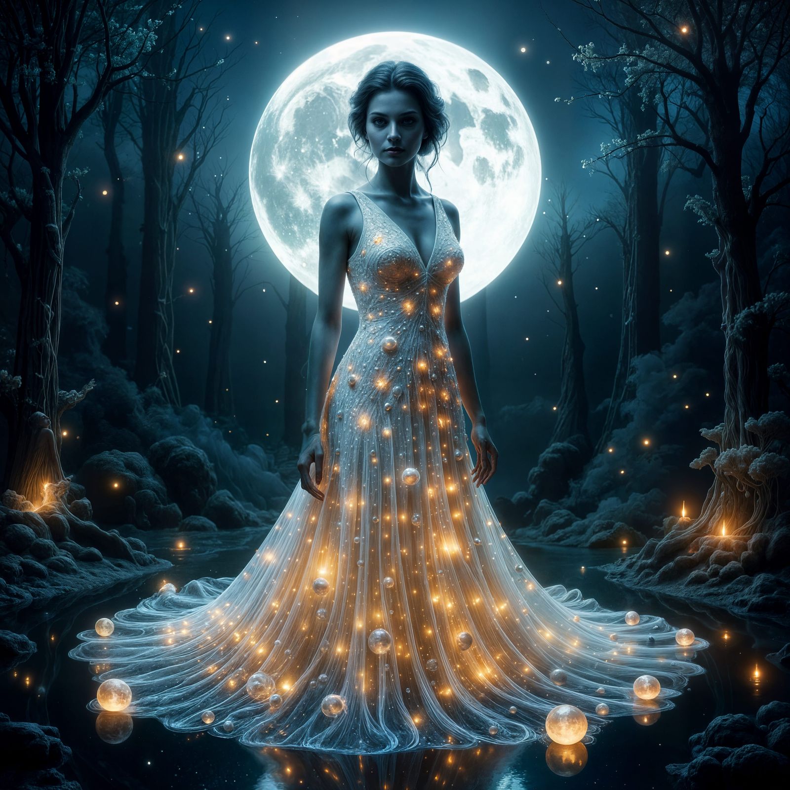 Lunar Goddess with Moonlit Skin and Silver Eyes