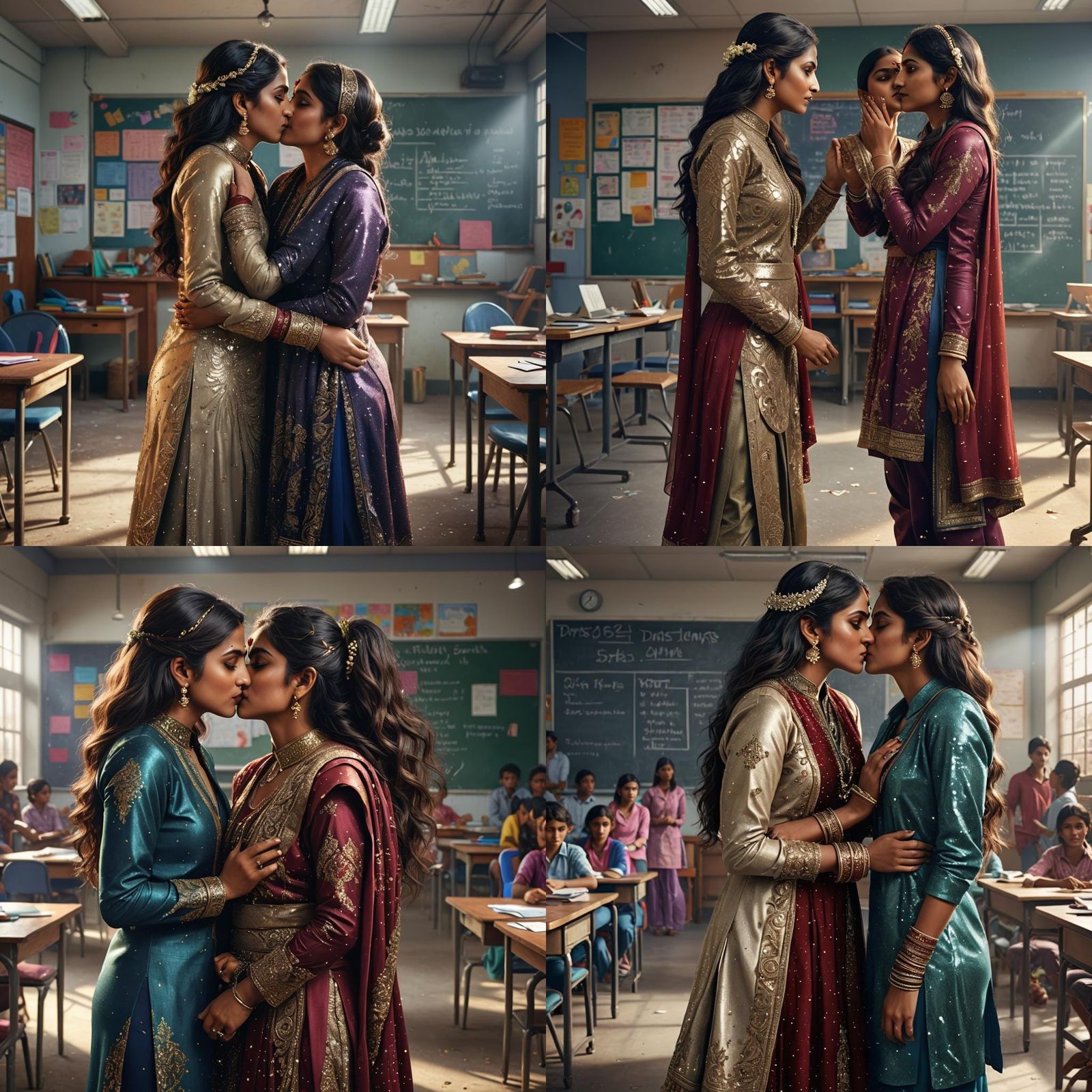 Lesbian Indian Women Kissing in Classroom, Hyperrealistic Ar...