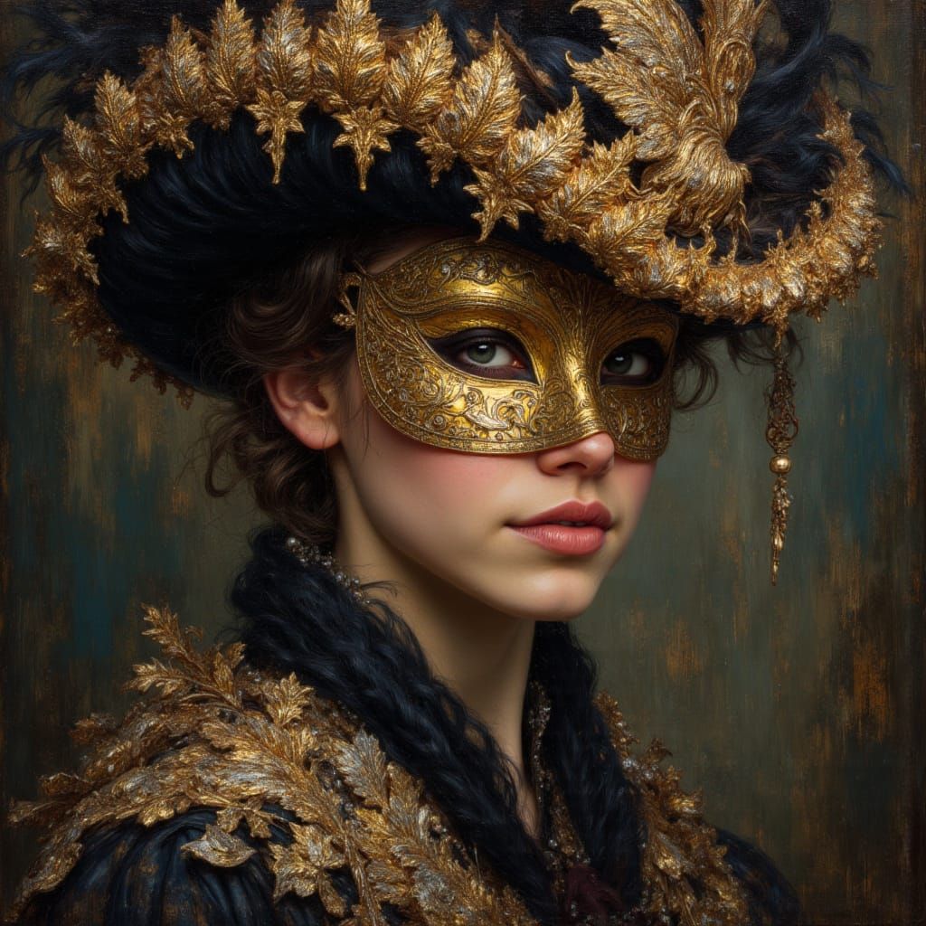 Woman in Venetian Costume with Gold Mask as Impasto Painting