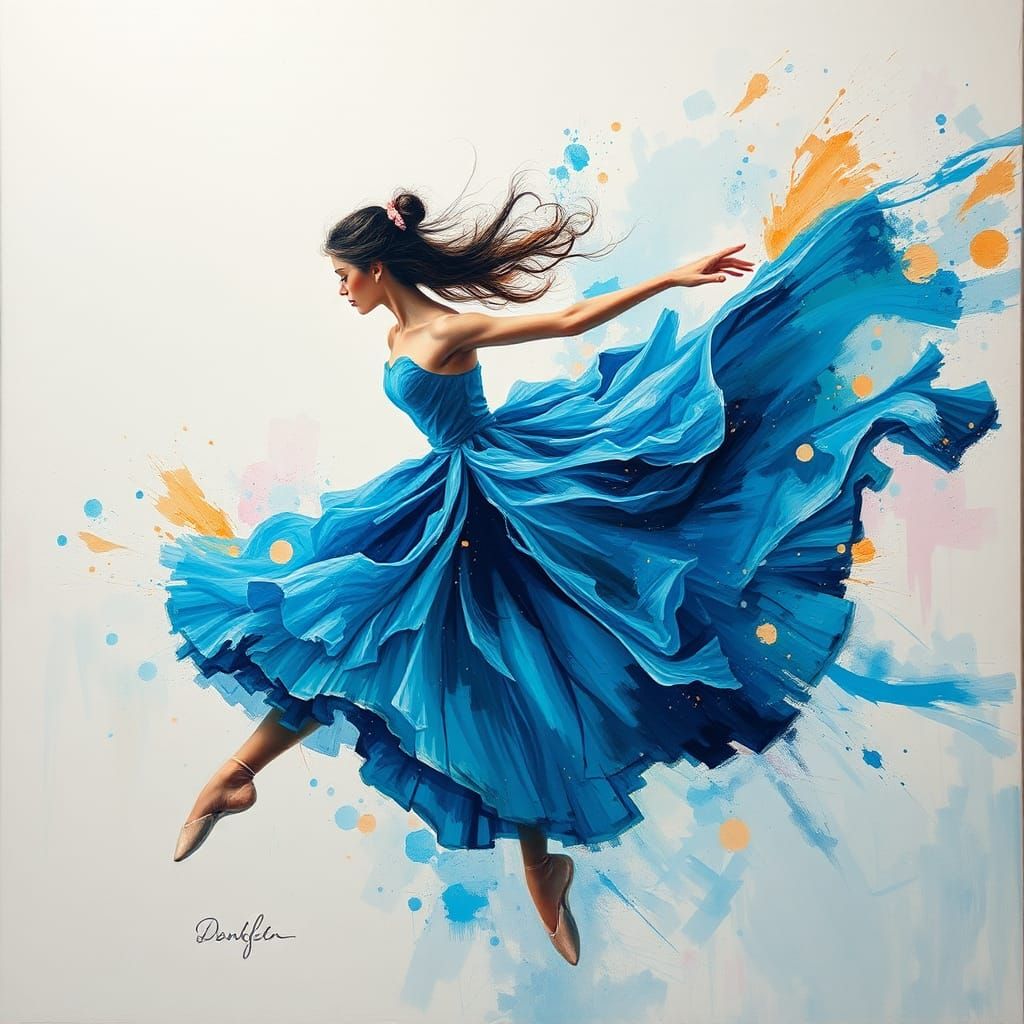 Ballerina in Blue Dress as Gouache Painting