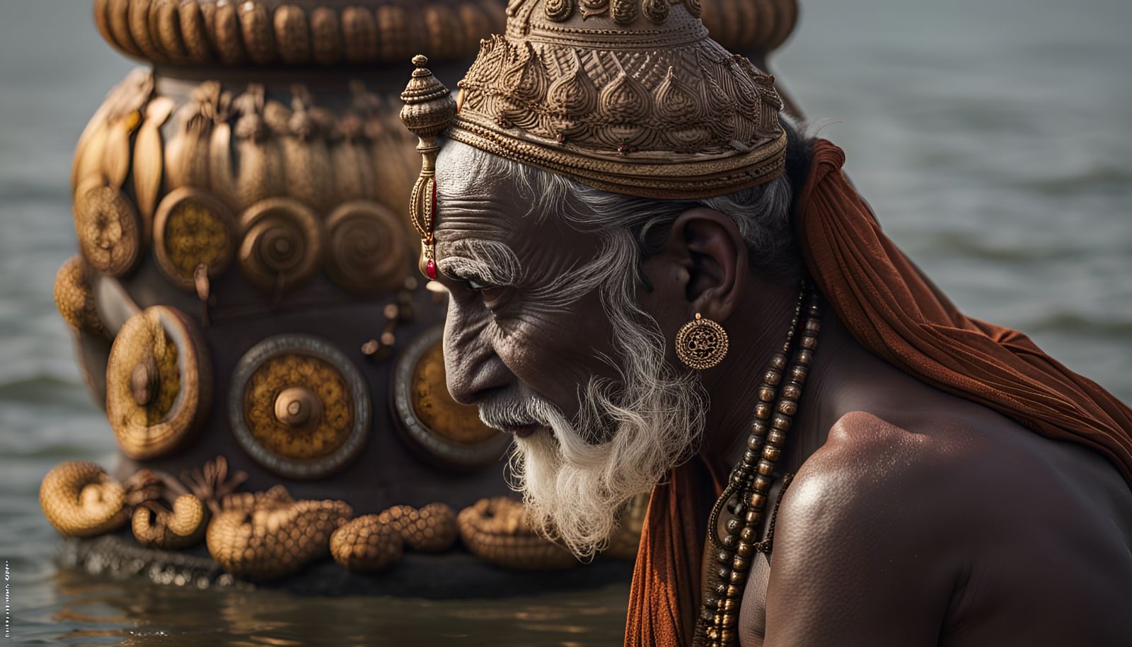 A wizened Indian king offering his prayers in the Ganga