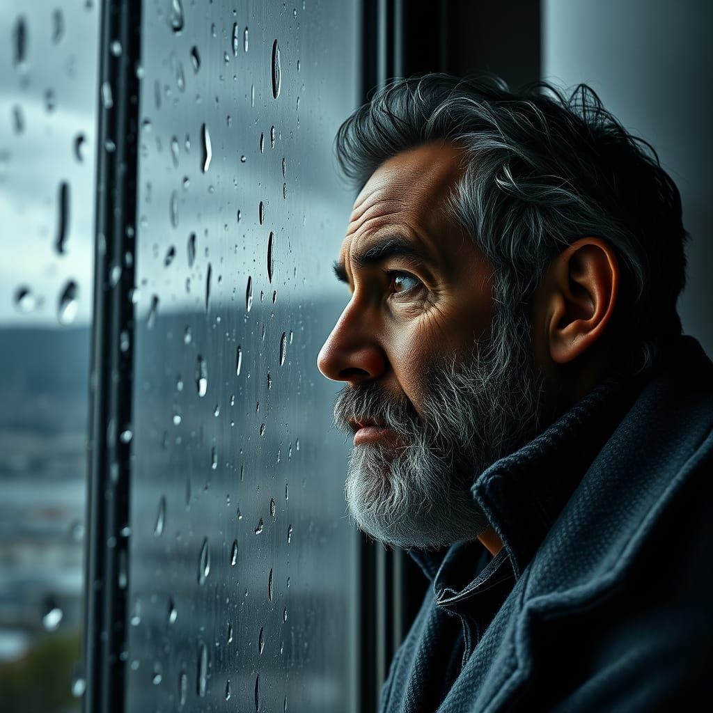Italian Geologist Contemplates Rainy Day in Majestic Digital...