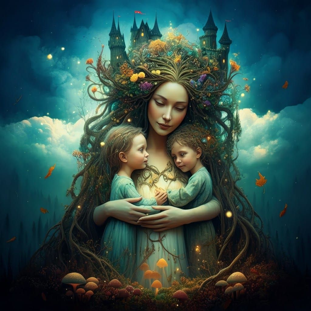 Forest Goddess Embraces Children in Autumnal Dreamscape