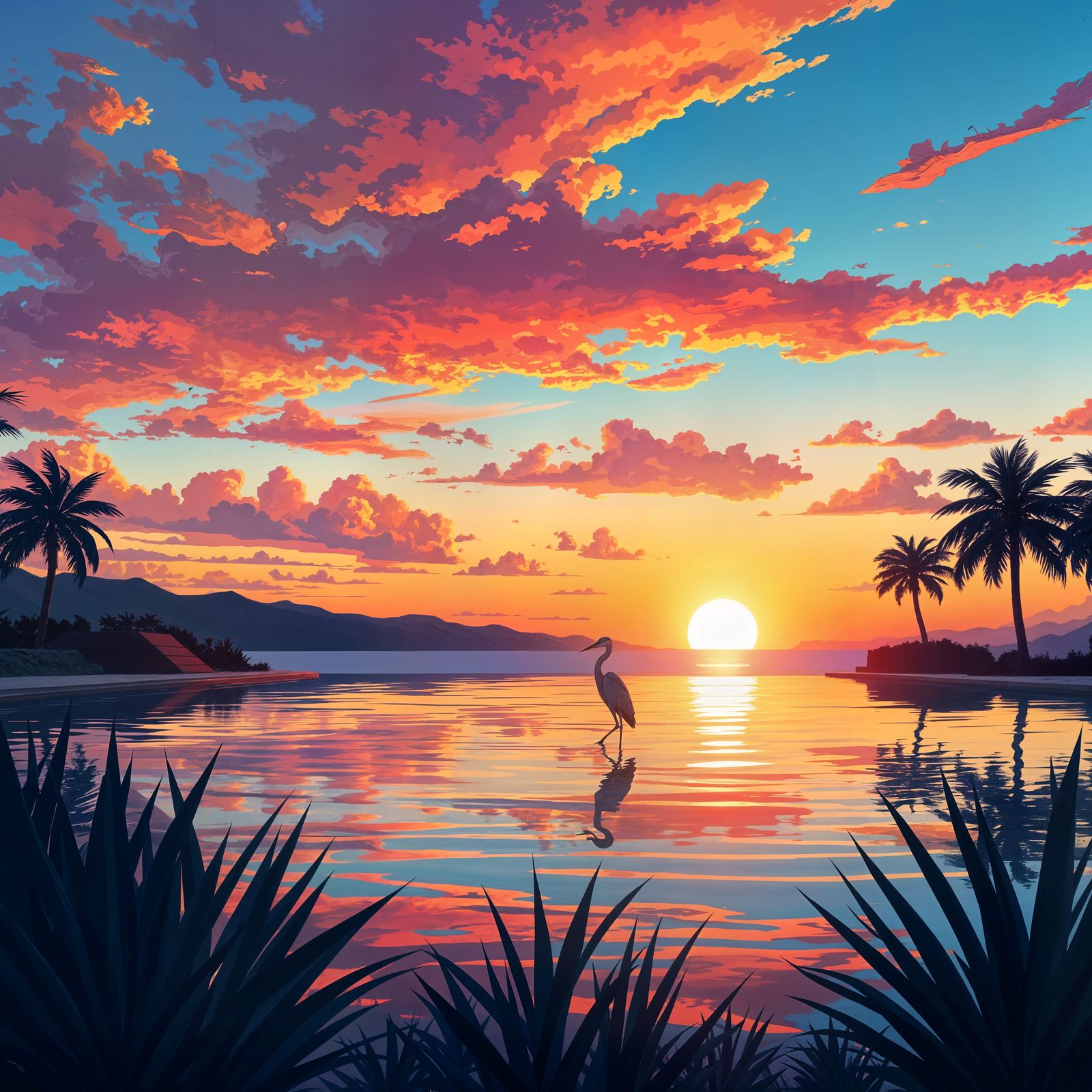 Surreal Sunset Scene with a Blue Heron in a Pool