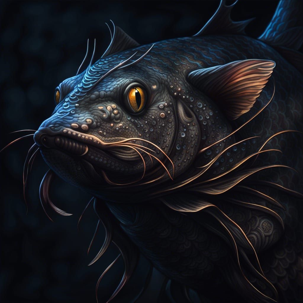 Hyperrealistic Humanoid Catfish Portrait in Dark Fantasy Sty...