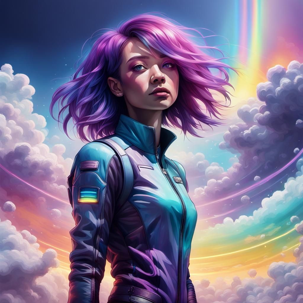 Woman with Purple Hair in Futuristic Realm