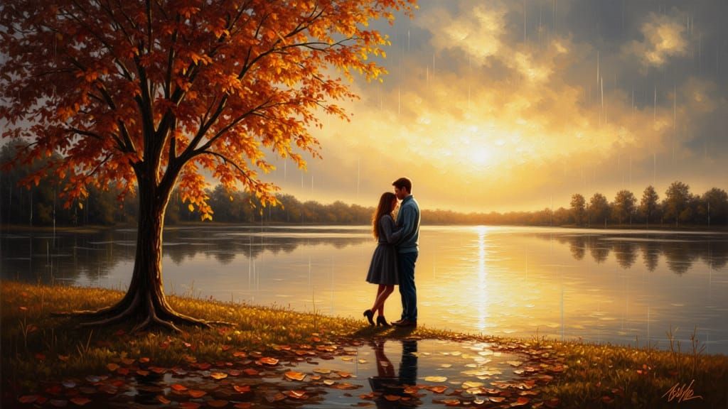Romantic Couple at Sunset Lakeshore in Autumn