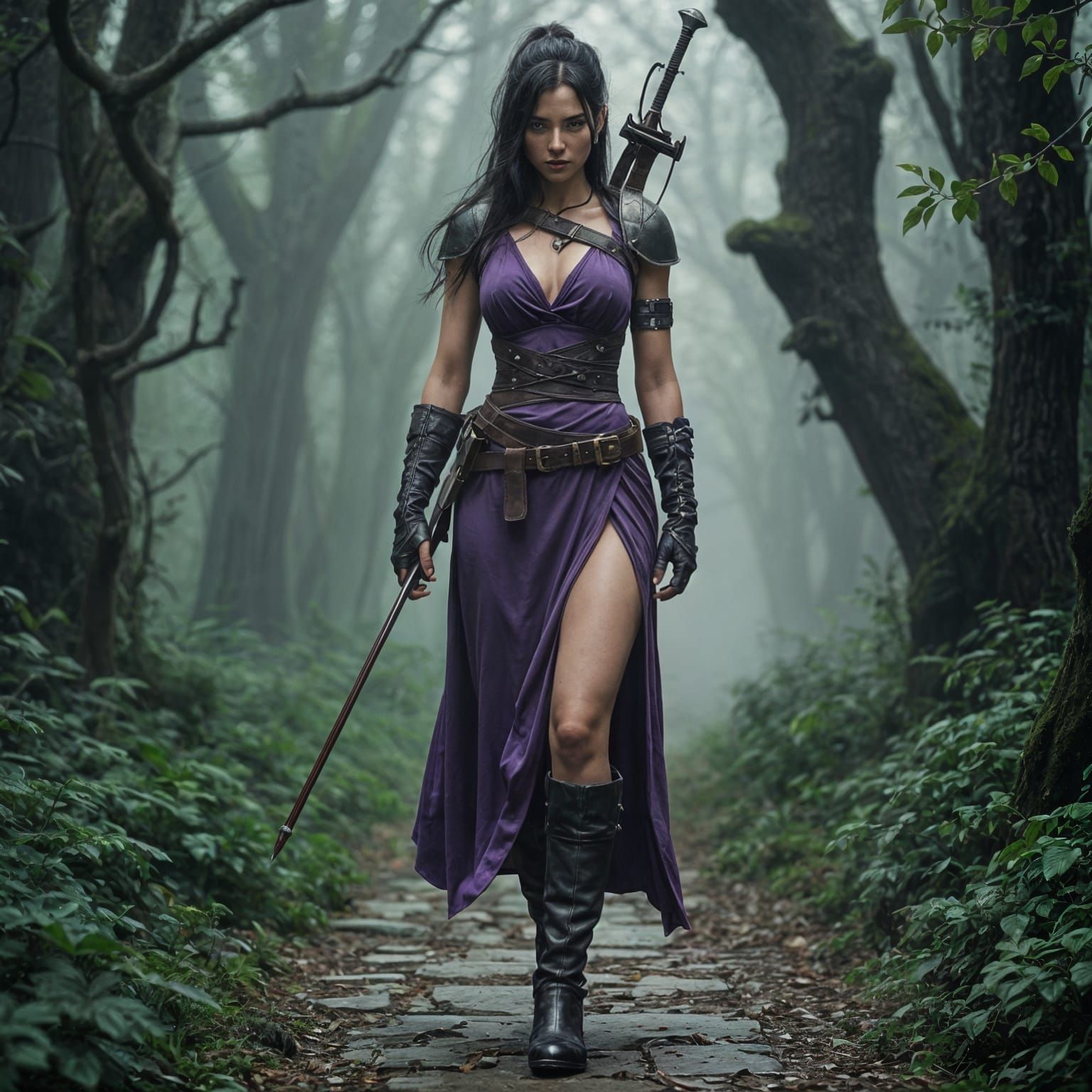 Elegant Warrior in Violet Battle Attire