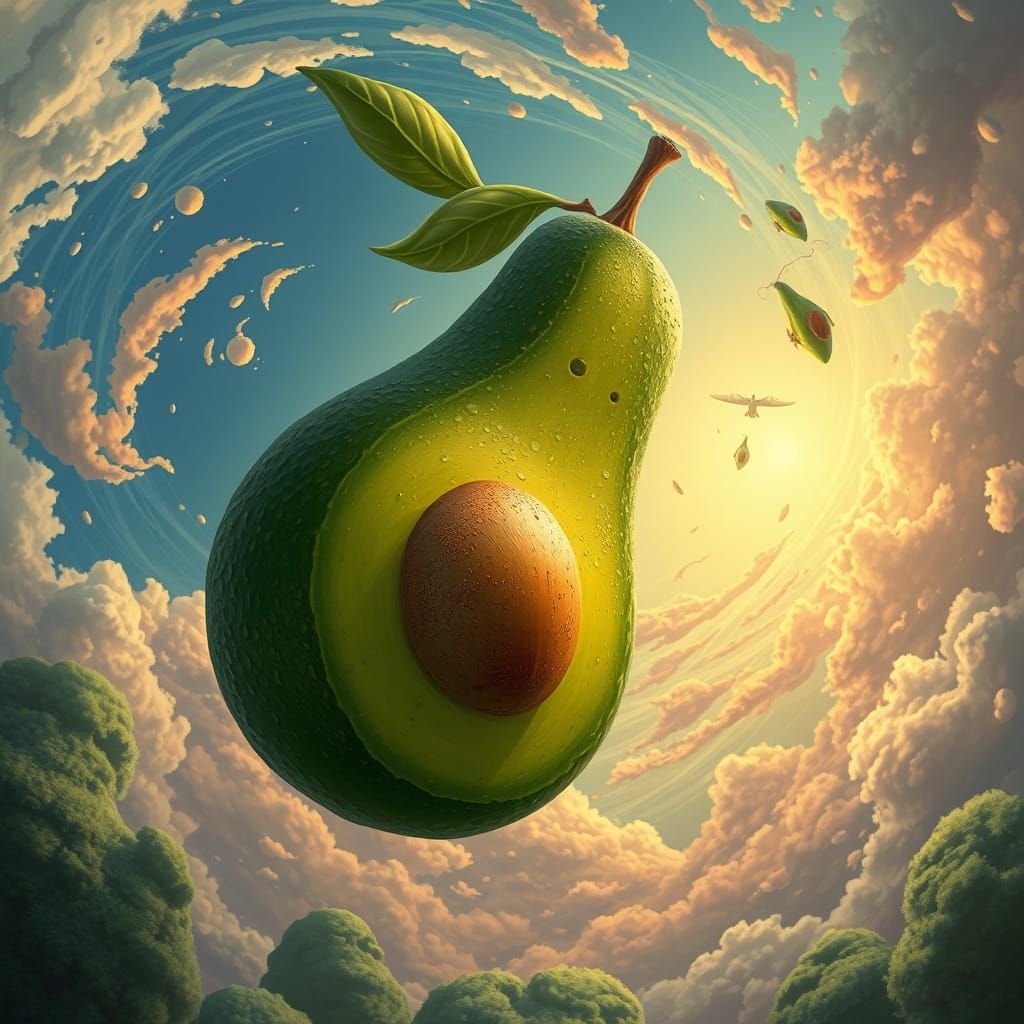 Whimsical Avocado Soars Through Dreamy Skies in Vibrant Colo...