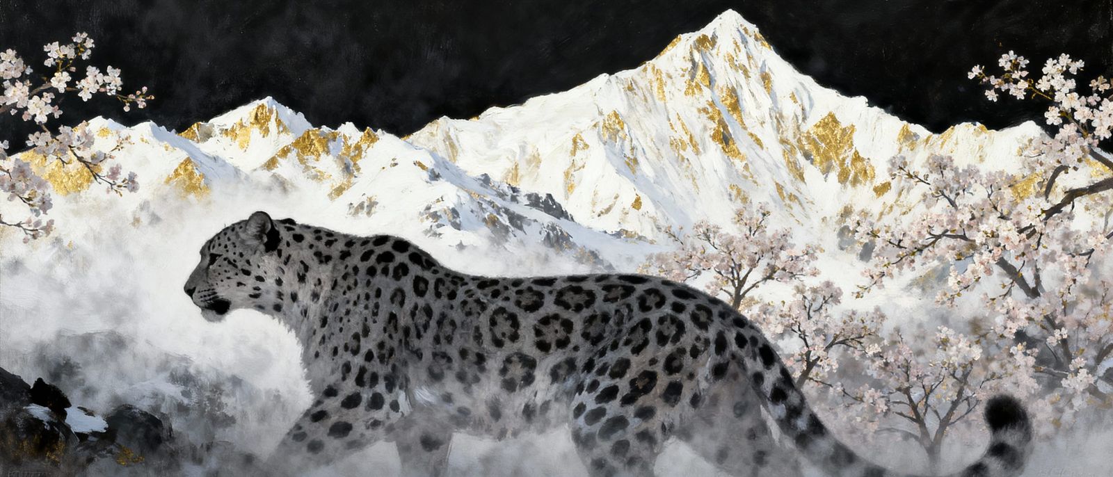 Misty Mountain Landscape with Snow Leopard Oil Painting