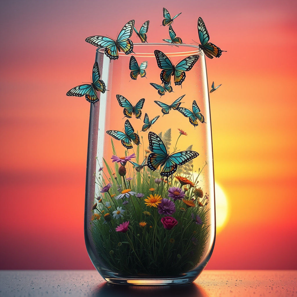Glass Terrarium with Butterflies in Hyperrealistic Splash Ar...