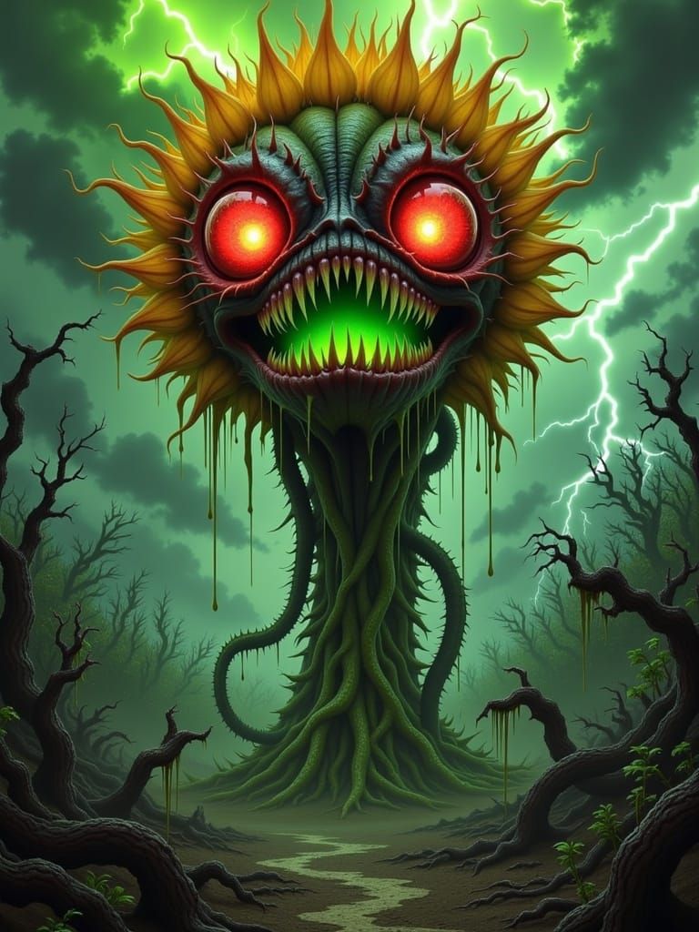 The Tormented Screaming Sunflower -- <lora:mOOnStErZ-N-PlAnTzzz:1.0> -- Visualize a massive, monstrous sunflower standin...