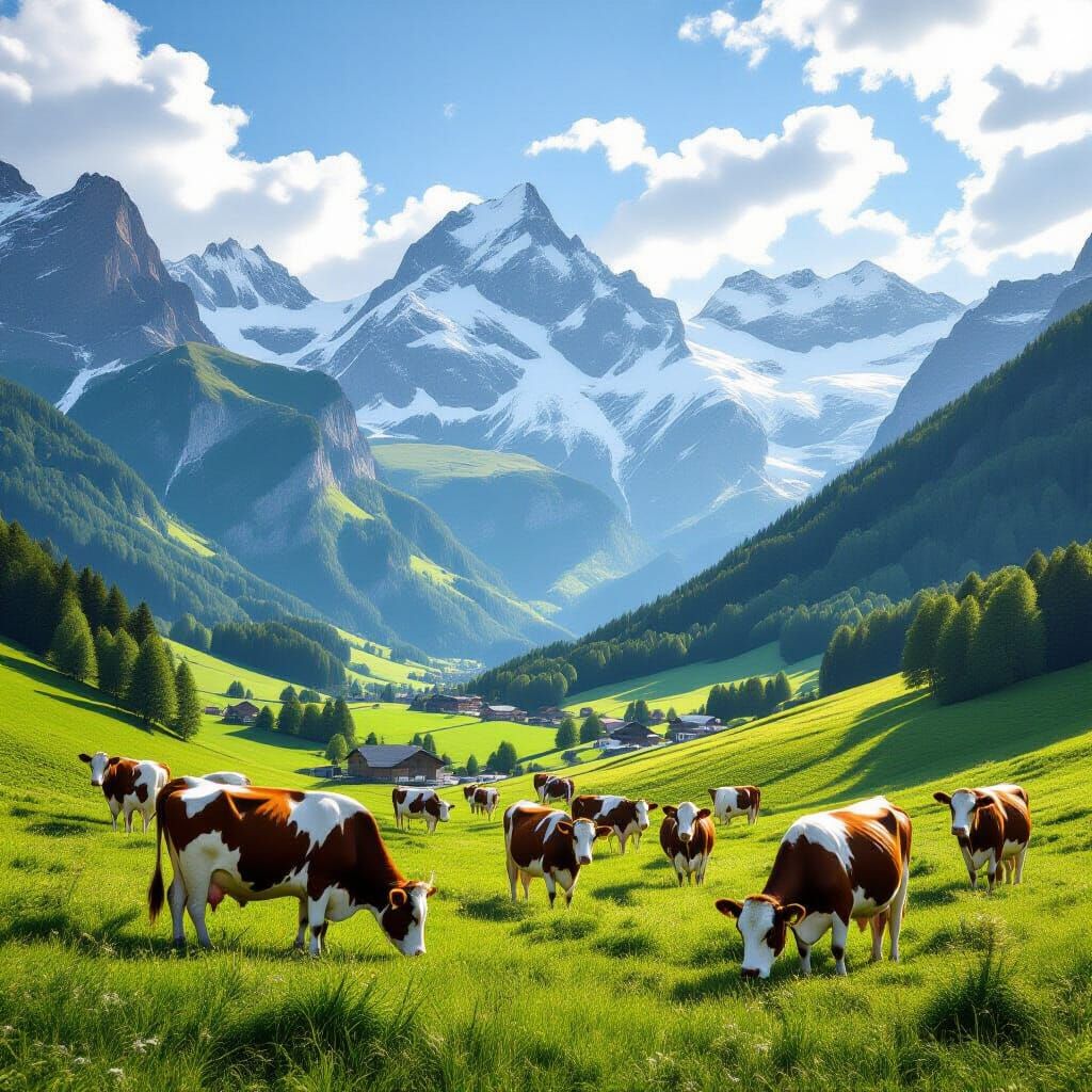 Swiss Alps Valley: Cows Grazing Below Snowy Peaks