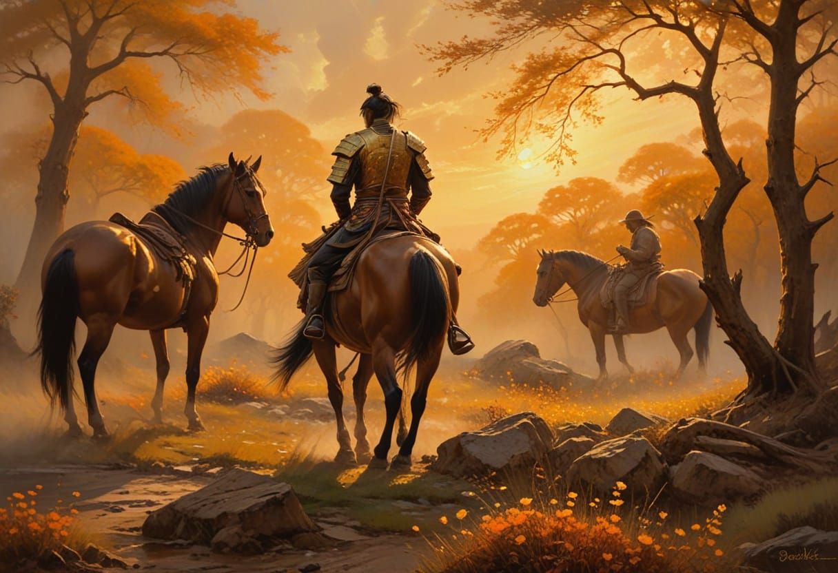 Lone Samurai in Romantic Oil Painting