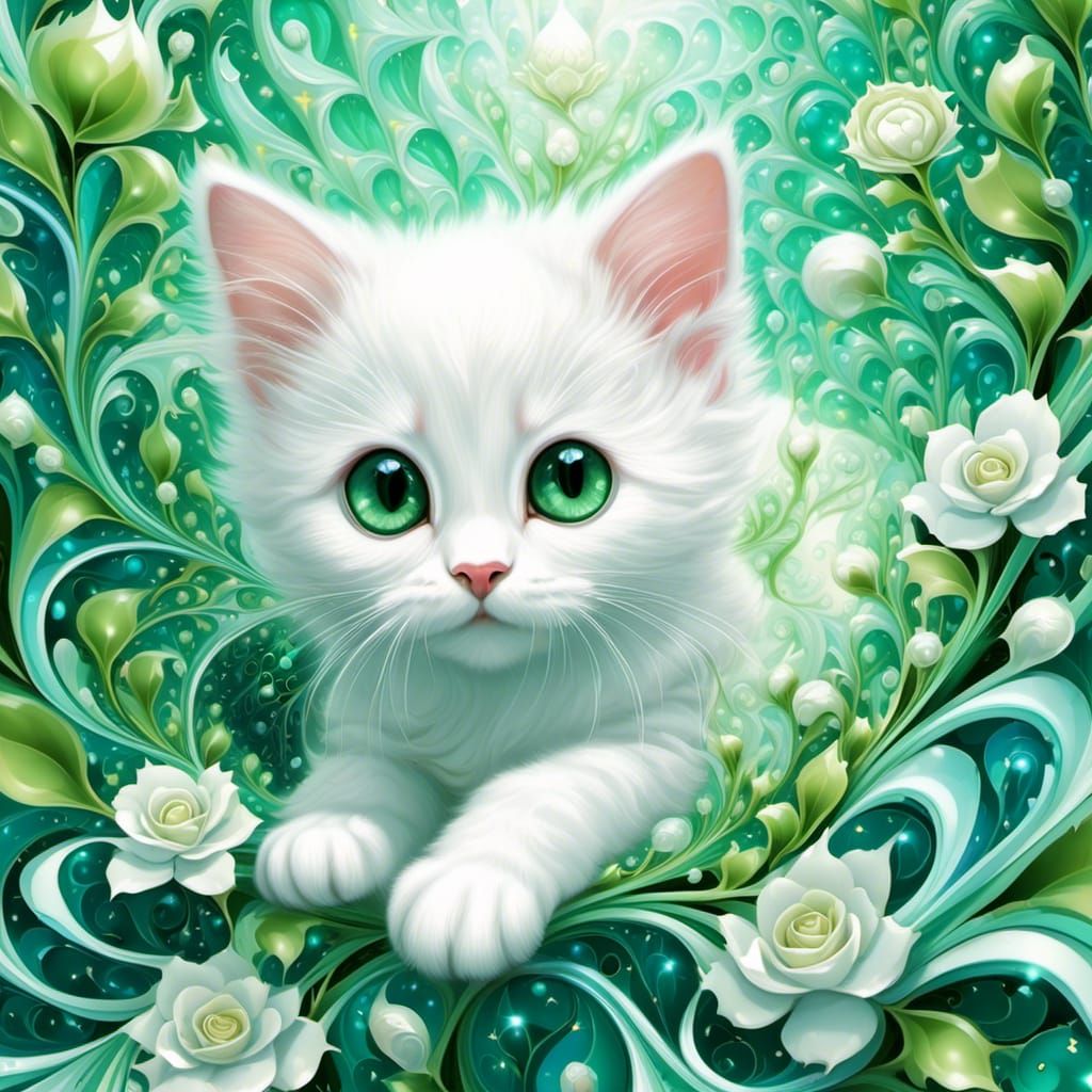 Adorable Kitten with Green Eyes in Magical Forest