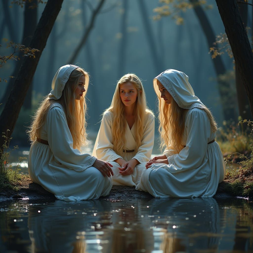 Mystical Maidens by Ethereal Pond in Autumn Light